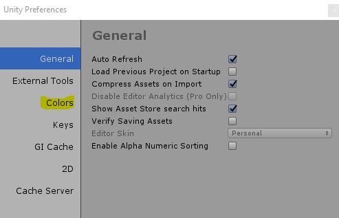 Select "Colors" from the Unity Preferences menu that will appear