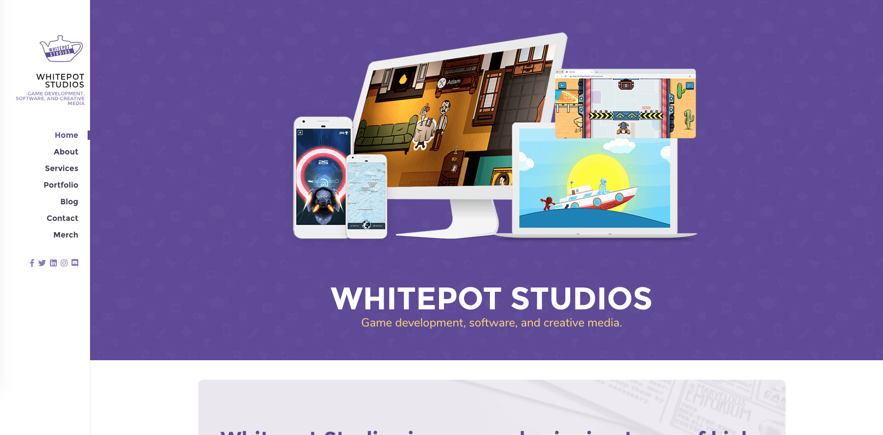 Whitepot Studios - Portfolio image showing our game development, software development, and creative media work for PC, Console, Web, and Mobile