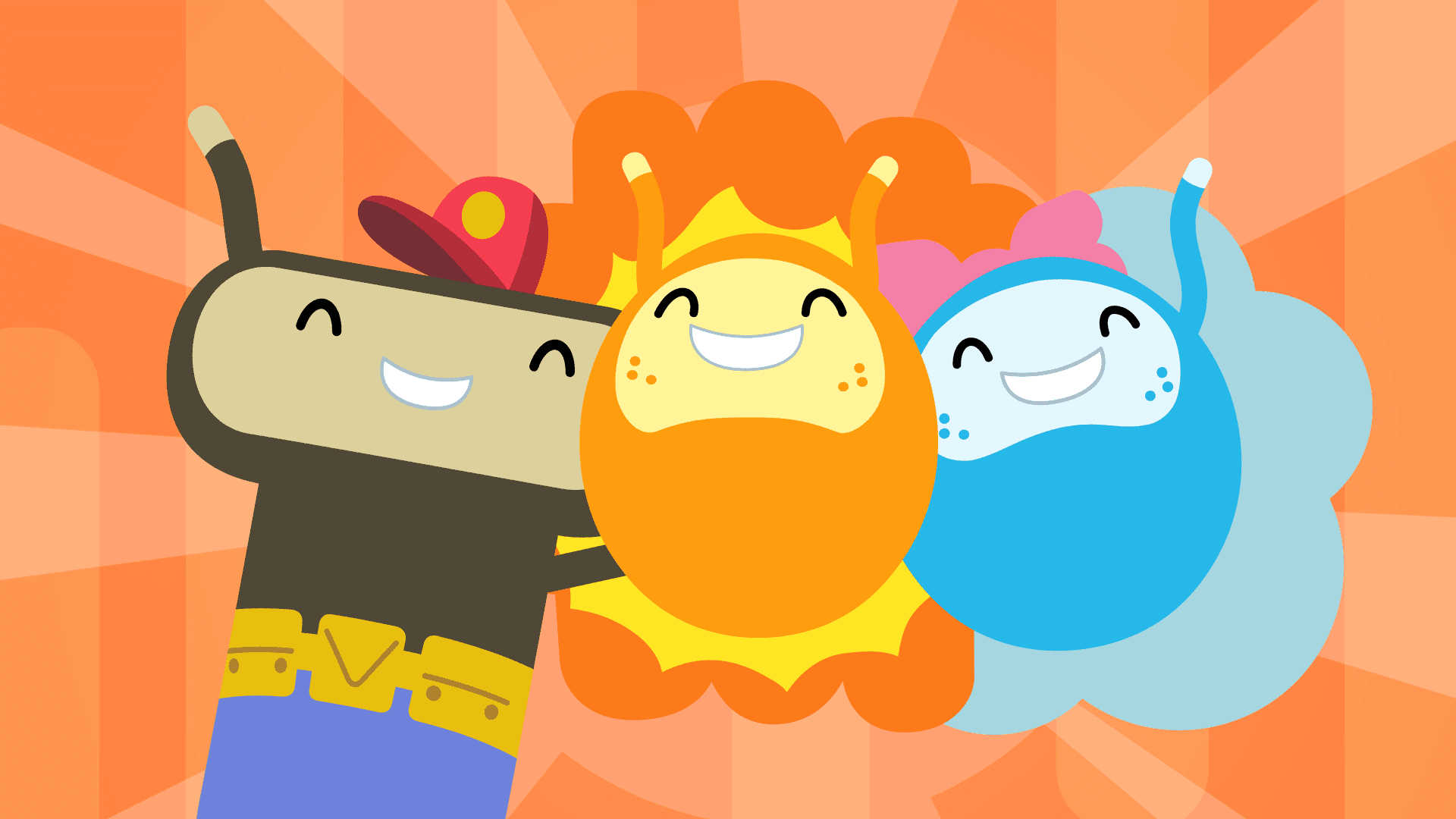 Three smiling characters from Atom Town: Meet the Elements against an orange background.